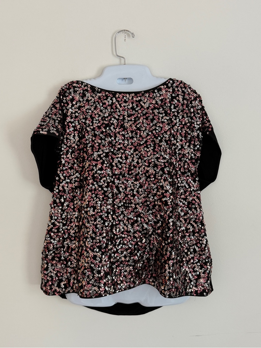 Women's Black Sequin Short Sleeve Top with Pink and Silver Accents